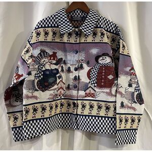 Willow Ridge Women's Plus Size XL Button Front Snowman Christmas Tapestry Jacket